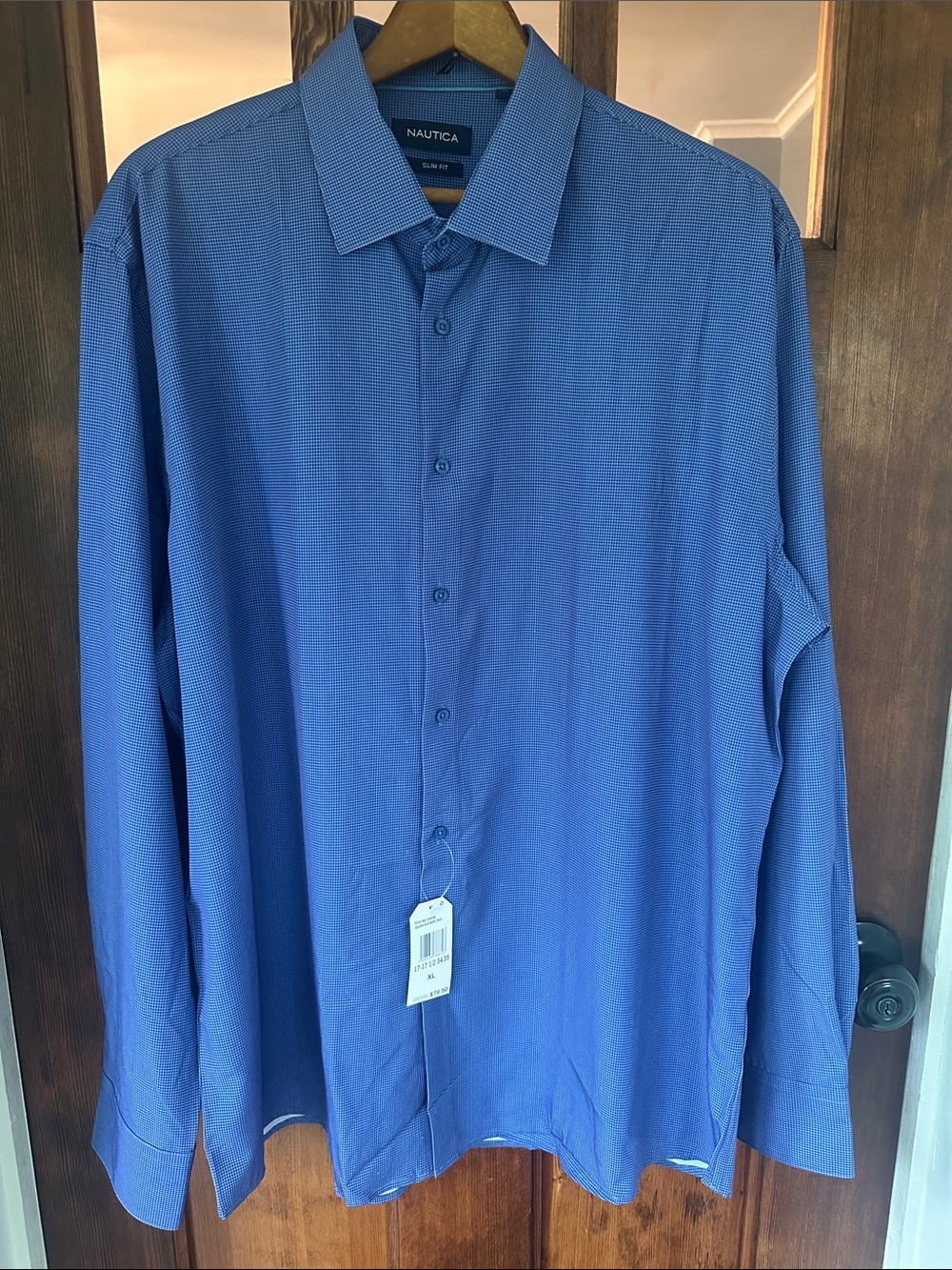 NWT Nautica Men's Slim Fit Blue Micro Check Dress Shirt XL 17-17.5 34/35